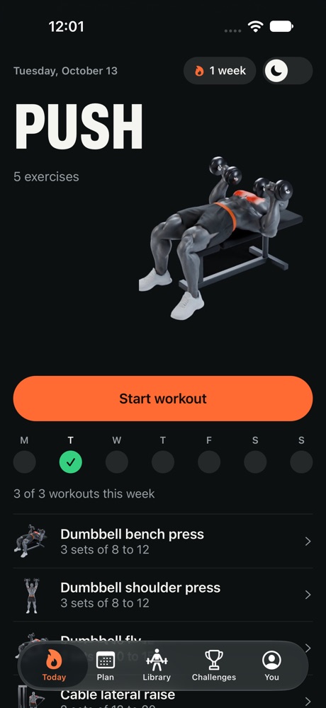 Today's workout in the app