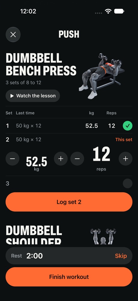 The workout screen, with a set logged and the rest timer running